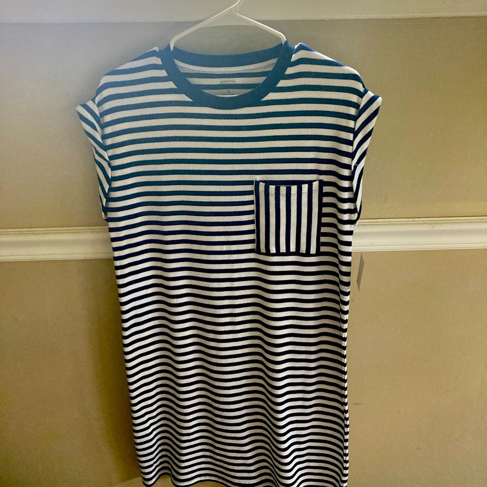 Woman’s Bathing Suit Cover Up/ Dress Blue and White Striped Sonoma Sz Small NWT
